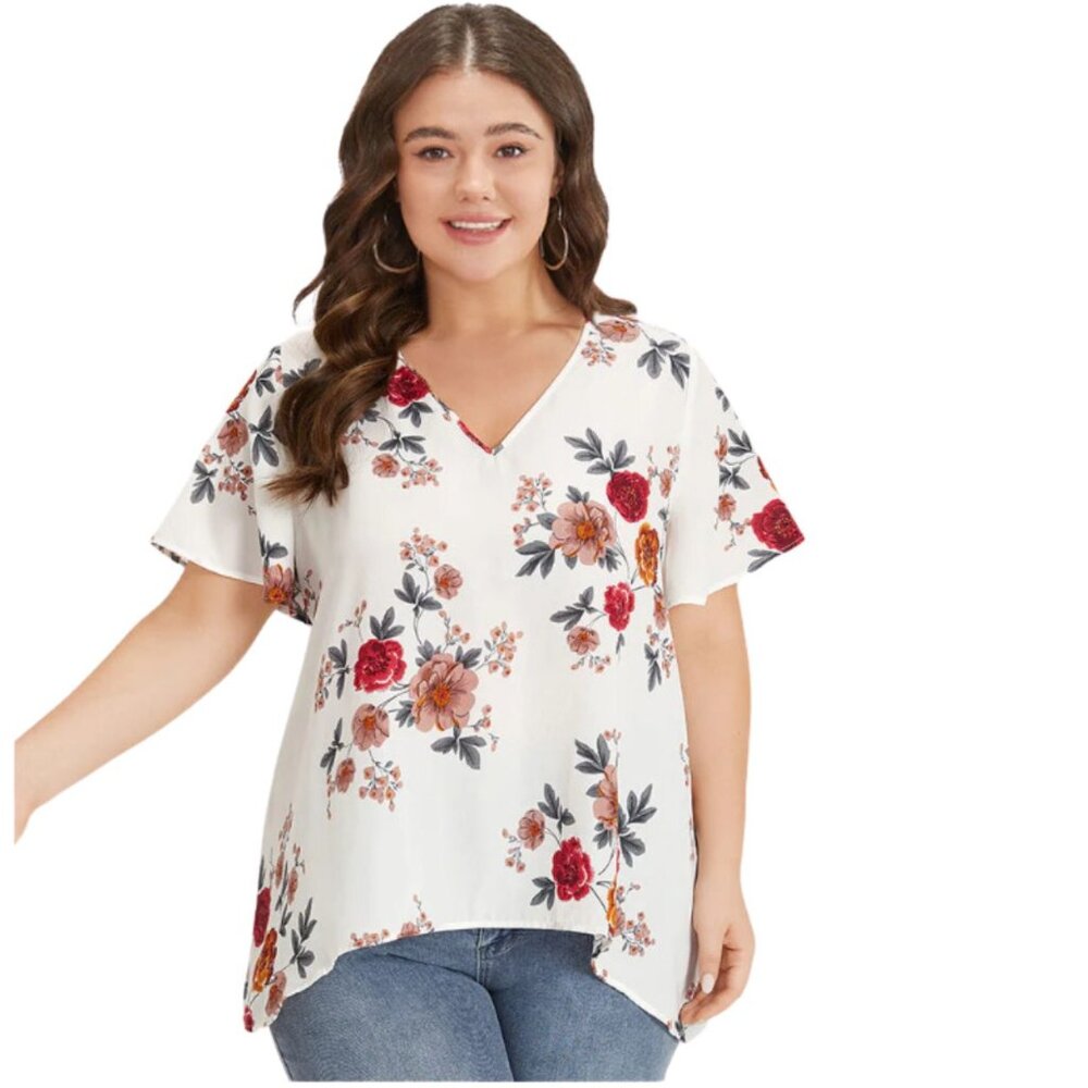 Bloom Chic Floral Print High Low Hem Flutter Short Sleeve Blouse Size 12 NWT